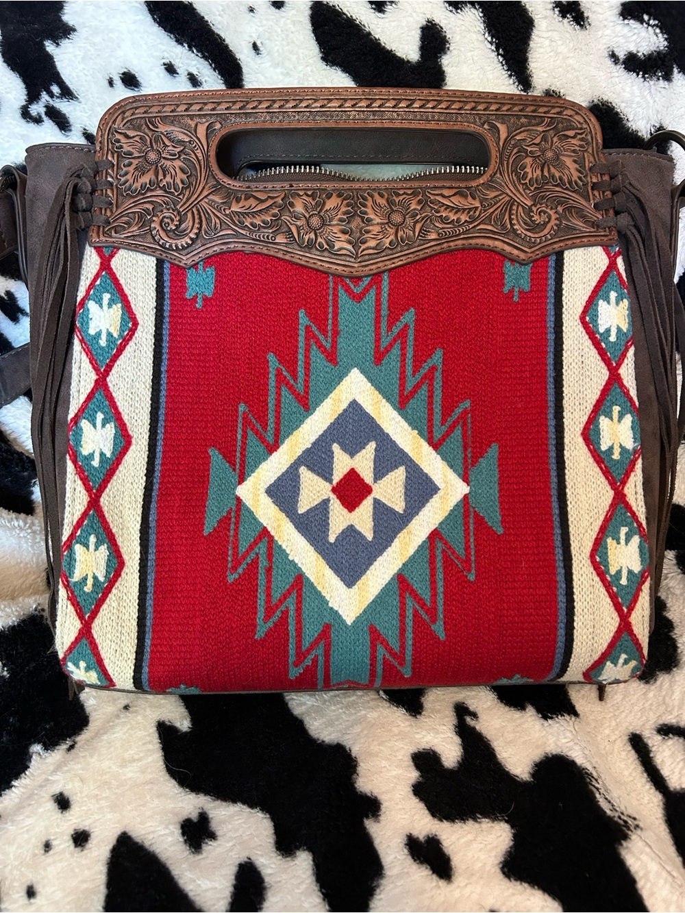 Trinity Ranch Southwestern-Style Red Woven Tote with Tooled Leather Trim